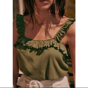 Sezane Isaure Khaki Ruffle Trim Cotton Tank Top.